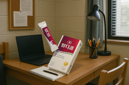 Aldicom hangover relief product displayed on a student’s desk beside a laptop and notebook—emphasizing daily readiness and recovery support for busy lifestyles.