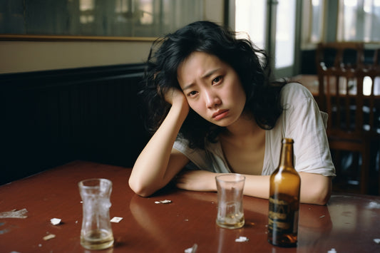 Young woman with tired eyes resting her head on her hand at a table with empty beer bottles—portraying the effects of a hangover and the need for Aldicom’s fast relief solution.
